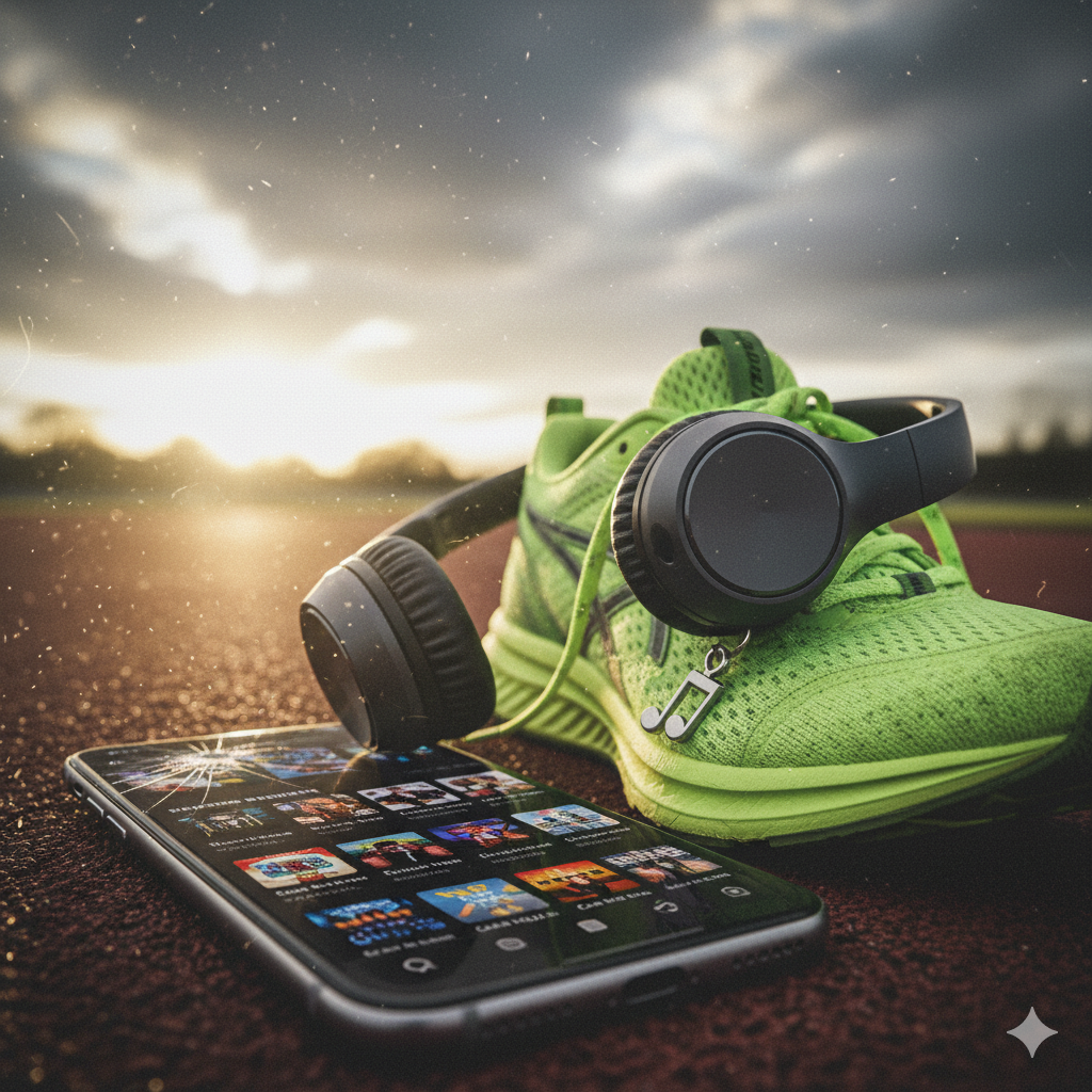 Fone de ouvido e tênis de corrida